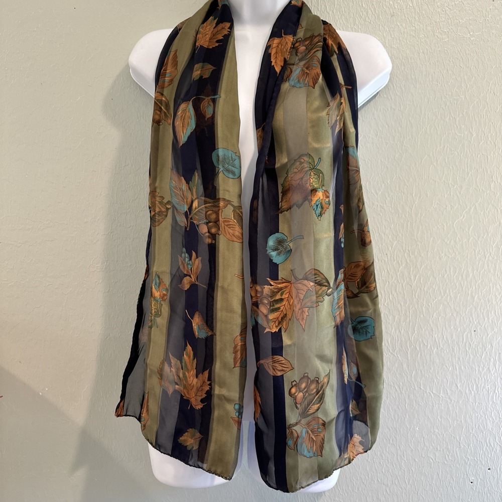 Vintage Navy Green Stripe Fall Leaves Acorns Sheer Scarf Wrap 21x60"